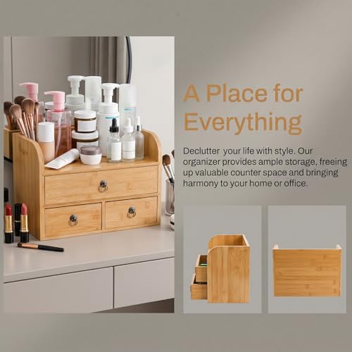 Nicunom Bamboo Desk Organizer, 3-Tier Bamboo Tabletop Storage Organization Multifunctional Desktop Organizer with Drawers for Home Office Toiletries Supplies Vanity - Image 7