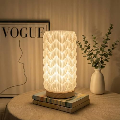 Small Bedside Lamp for Nightstand, 3D Printed Mini Table Lamp, 3 Color Temperatures Warm to Cool White, Cozy Small Lamp for Bedroom Dorm Tight Spaces, Ash Wood Base, 8.8 Inch Tall - Honeycomb by DKCONONY