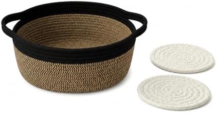Small Cotton Rope Basket - White Woven Storage Basket with Handles, Desktop Organizer for Keys, Remotes, Makeup, Soft Decorative Bin for Bathroom, Office Shelf (Black/Brown) - Image 4