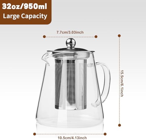 Glass Teapot, Tea Pot with Removable Infusers for Loose Tea, Borosilicate Glass Tea Kettle Tea Maker Stovetop for Party, Camping,Travel (950ML) - Image 4