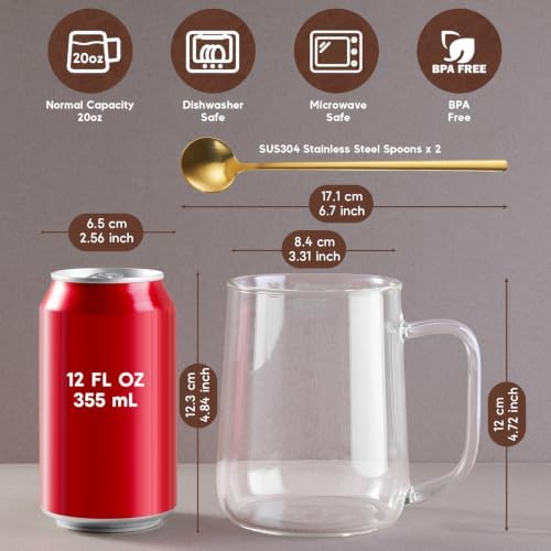 Large Glass Coffee Mugs with Spoons, 20 oz Glass Coffee Cups Set of 2, Clear Borosilicate Glass Mugs with Handles for Cappuccino, Tea, Latte, Hot/Cold Beverages, Wine, Americano - Image 2