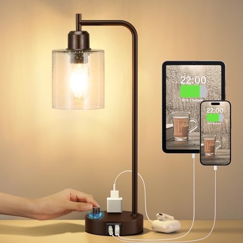 Innqoo Brown Industrial Bedside Table Lamp for Bedroom - Nightstand Lamps with USB C Charging Port, Fully Dimmable Black Ports and Outlets, Small Desk Glass Shade Office Living Room by Innqoo