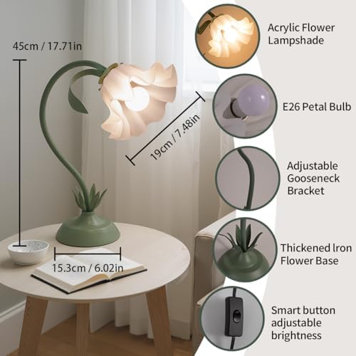 NewAoNaSen Flower Table Lamp Cute Lily Desk Lamp Bedside Night Light -Green - Image 6