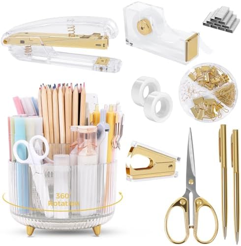 SKYDUE Gold Office Supplies Set with Pencil Holder for Desk by SKYDUE