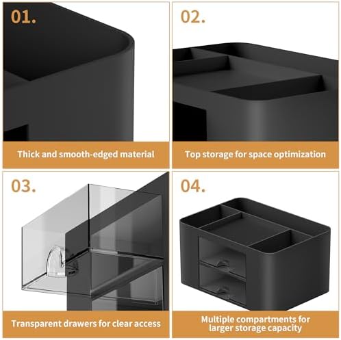 Marbrasse Pen Organizer with 2 Drawer, Multi-Functional Pencil Holder for Desk, Desk Organizers and Accessories with 5 Compartments + Drawer for Office Art Supplies (Black) - Image 6
