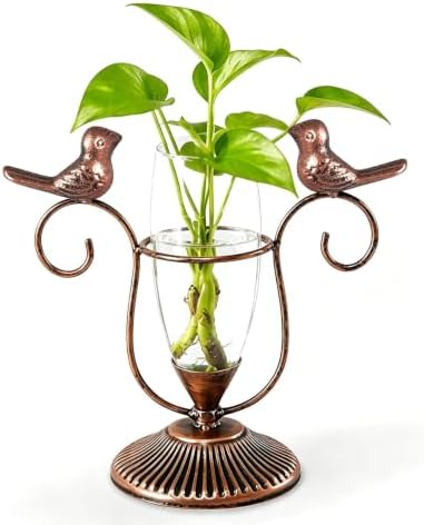 Hydroponic Plant Vases, Plant Terrarium, Plant Propagation Station Metal Vintage Style Desktop Decor Gifts for Plant Lovers (Copper Bird, 8.26"×7.9") by POXOHO