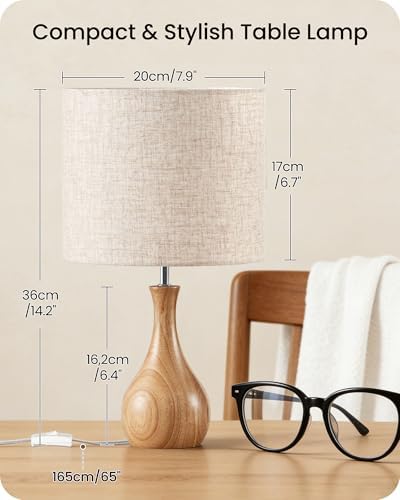 Small Table Lamp, Wood Desk Lamp with Beige Linen Lampshade & Natural Wood Bottle-Shaped Base, Modern Bedside Lamp with Cable, E26 Base, Bulb Not Included, for Bedroom, Kid's Room, ME09TL05 - Image 4