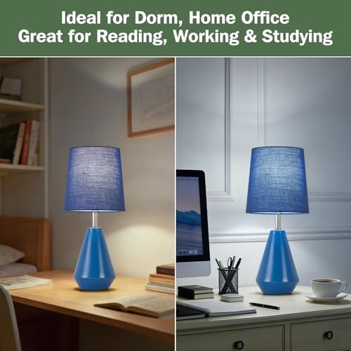 Small Bedside Table Lamp for Bedroom-Reading Desk Lamp Set of 2,with 3 Color Temperatures,15.5" Nightstand Ceramic Lamp with Fabric Shade for Kids Room,Living Room,Dorm,Home Office(Blue) - Image 4