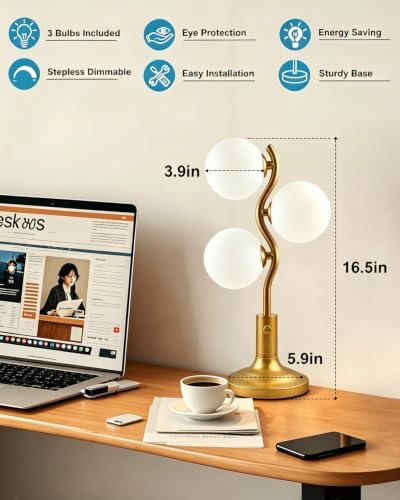 Lightdot Gold Globe Table Lamp Dimmable Modern Ball Lamp 3 Bulbs Included - Image 5