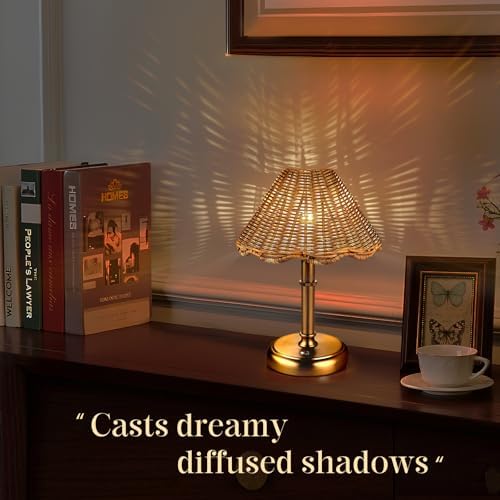 Mini Cordless Boho Rattan Table lamp, 5200-mAh Rechargeable Battery, 3-Level Brightness Dimmable, Build-in Integrated LED 320 Lumen Max, Rattan Shade, for Bedside Restaurant Dining Table - Image 2