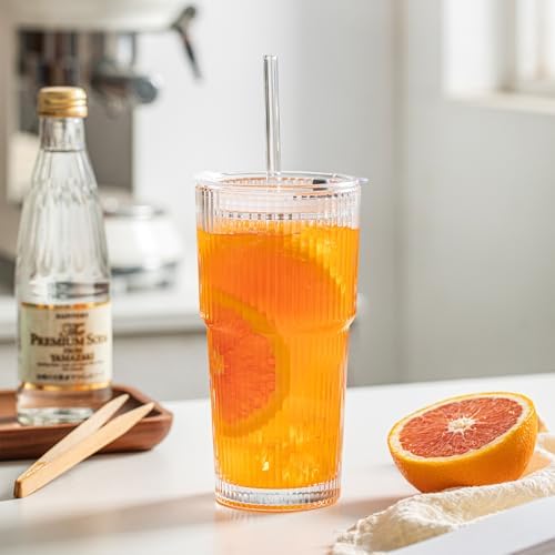 INSETLAN 8-Piece Glassware Set – 20 oz Ribbed Glass Tumblers with Lids and Glass Straws, Heavy-Duty Tumblers, Ideal for Iced Coffee, Smoothies, Cocktails, and Juices – Elegant and Durable Drinkware - Image 2