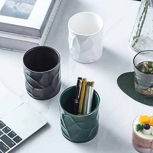 Ceramic Irregular Round Pen Holder For Desk Cute Stand Gold Line Aesthetic Pencil Cup Pot Desk Organizer for Men Women Makeup Brush Holder (Black) - Image 4