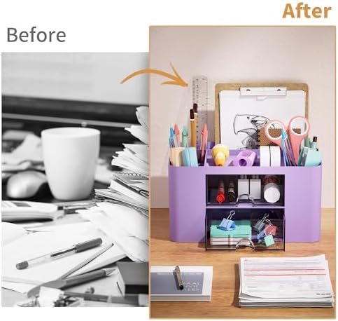 Marbrasse Pen Organizer with 2 Drawer, Multi-Functional Pencil Holder for Desk, Desk Organizers and Accessories with 5 Compartments + Drawer for Office Art Supplies (Purple) - Image 7
