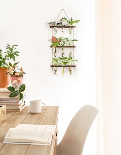 Mkono Plant Propagation Station, 3 Tier Small Brown Wall Hanging Vase Tubes - Image 3
