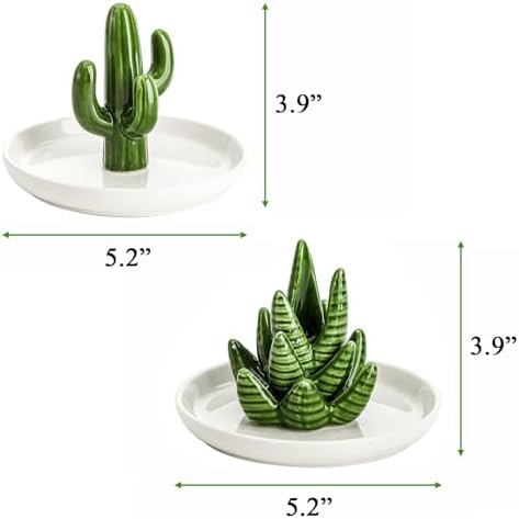 Elsjoy Set of 2 Ceramic Ring Holder Dish, Decorative Round Jewelry Display Trays, Aloe & Cactus Small Trinket Plate for Home, Gift, Mother's Day - Image 2