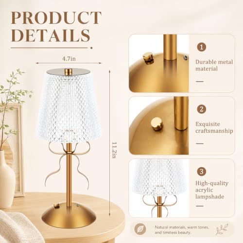 Liliful 2 Pcs Cordless Table Lamp LED Touch, Gold, Crystal Cut Style Bow - Image 2