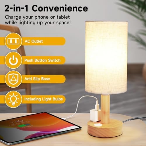 Small Bedside Table Lamp with AC Outlet,Natural Round Wood Base&Fabric Linen Shade,Cozy Night Table Light for Study Reading,Minimalist Boho Desk Lamp for Nightstand,Living Room,Nursery,Kitchen,Dorm - Image 3