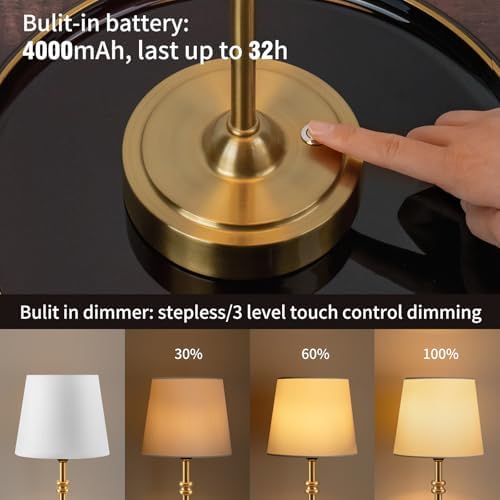 ONEWISH Small Cordless Lamp Dimmable-Battery Operated Table lamp, 4000mAh Rechargeable, Touch Bedside Lamp with White Fabric Shade, 2700K Bulb Included, for Dining, Patio, Bathroom(Gold) - Image 3
