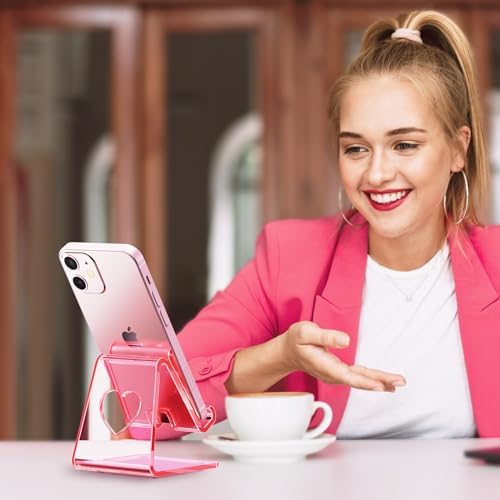 Crpich Acrylic Cell Phone Stand, Portable Phone Holder, Clear Pink Phone Stand for Desk, Compatible with Phone16 15 14 13 12 11 Pro Max SE, Switch, Android Smartphone, Pad, Tablet, Desk Accessories - Image 6