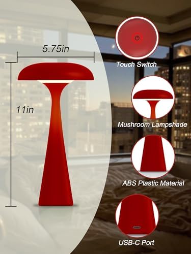 Cordless Mushroom Lamp,Red Small Table Lamp,Vintage Aesthetic Lamp - Image 5