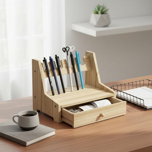 Solid Wood Desktop Organizer with Drawer, Compact Desk Caddy for Pens & Accessories, Space-Saving Display Rack for Home Office (Brown) - Image 3