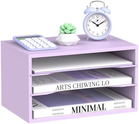 3 Tier Wood Desk Organizer, Paper Organizer for Desk, Purple by SUPEASY