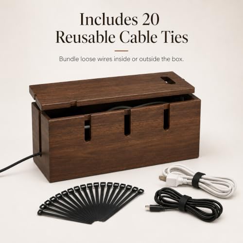 Large Wood Cable Management Box, Wooden Cord Hider Box for Power Strips, Walnut Finish Cable Organizer with 20 Reusable Ties for Desk, Floor & Home Office - Image 7