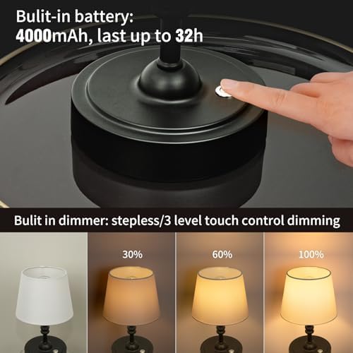 ONEWISH 2 Pack Small Cordless Lamp, Battery Operated Table lamp Dimmable, 4000mAh Rechargeable, Touch Bedside Lamp with White Fabric Shade, 2700K Bulb Included, for Dining, Patio, Bathroom(Black) - Image 3
