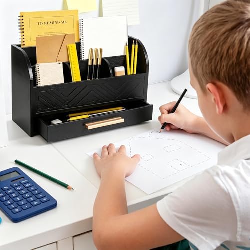 Charmewooden Black Desktop Organizer with Drawer Storage, White Desk Organizer Mail Holder Mail Organizer Countertop Pen Holder Letter Sorter Make up Organizer for School Home Office Supplies - Image 2