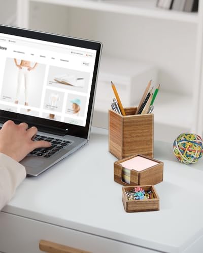 Acacia Wood Desk Organizer Set with Sticky Note Holder, Pencil Pen Cup & Paper Clip Storage, Office Desk Accessories for Marker Craft (Set of 3) - Image 6