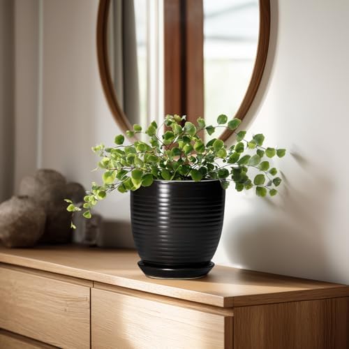6 Inch Plant Pot - Ceramic Planters for Indoor Outdoor Plants, Modern Flower Pots with Drainage Hole and Saucer, Round Ceramic Planter, Office Room Decor, Gifts for Plant Lovers, Matte Black - Image 3