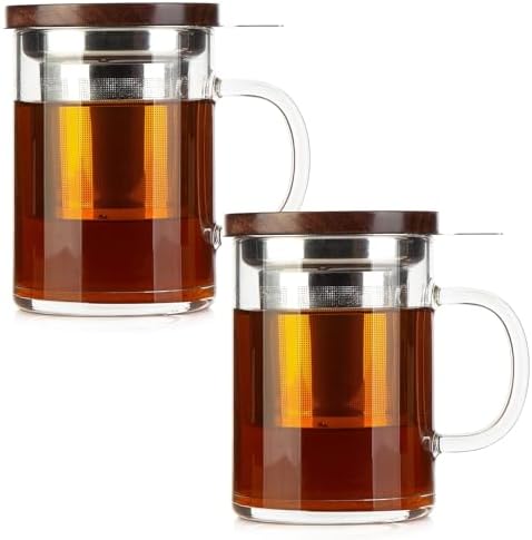 COMI Tea Cup with Infuser Walnut Lid&Handle, Glass Tea Cups with Wide Mouth Extra Large Capacity, Stainless Steel Tea Infuser Mug for Loose Leaf Tea Steeping(2PCS,14oz/400ml) by COMI