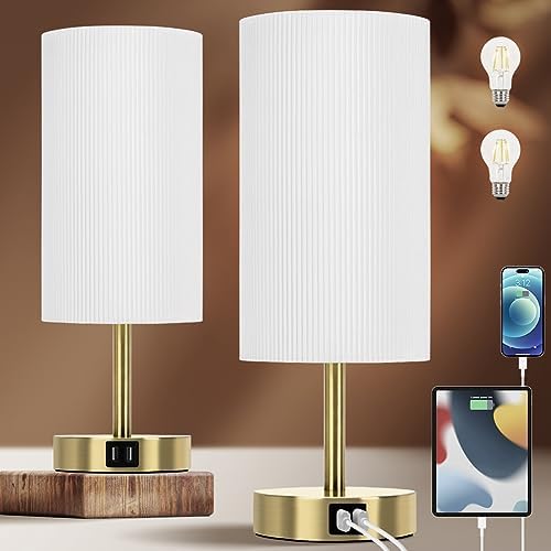 Yarra-Decor Bedside Lamp with USB A+C Charging Ports Set of Two - Touch Control Table for Bedroom Wood 3 Way Dimmable Nightstand Round Pleated Shade Home Office (LED Bulb Included) by Yarra-Decor