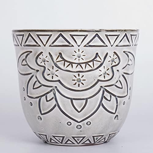 VanEnjoy 5.9 inch Round Bohemian Style Ceramic Planter, Geometry Engrave Off White Brown Succulent Planter Flower Pot, Indoor Outdoor Decorative Planter - Image 3