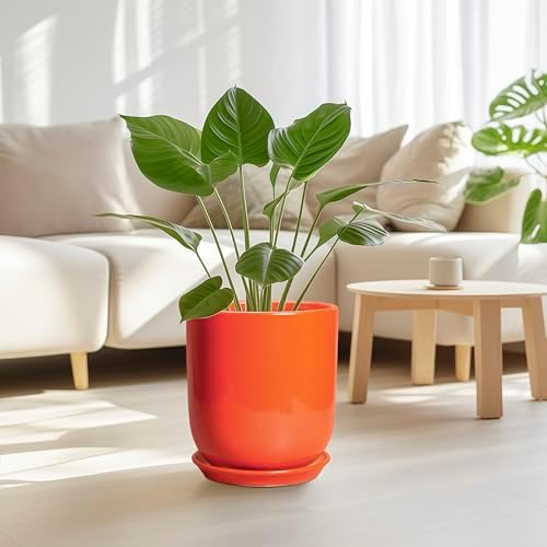 Indoor Planter 10 Inch - Ceramic Plant Pot with Drainage Hole and Saucer, Modern Decorative Round Planter for Indoor Outdoor Plants, Housewarming Gifts, Home Garden Office Decor, Orange - Image 2