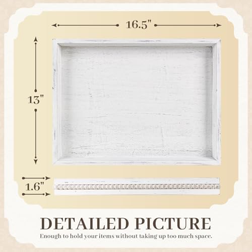 Wooden Decorative Tray, Rectangular Serving Tray with Wood Bead, Farmhouse Big Tray for Ottoman, Countertop, Coffee Tabl, 16.5" x 13"x 1.6" (Retro White) - Image 2
