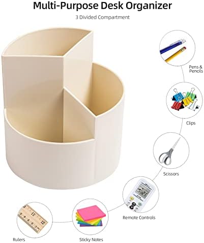 Desk Pencil Pen Holder, 3 Slots 360-Degree Spinning Organizers, Desktop Storage Stationery Supplies, Cute Cup Pot for Office, School, Art Supply, Kids - White - Image 3