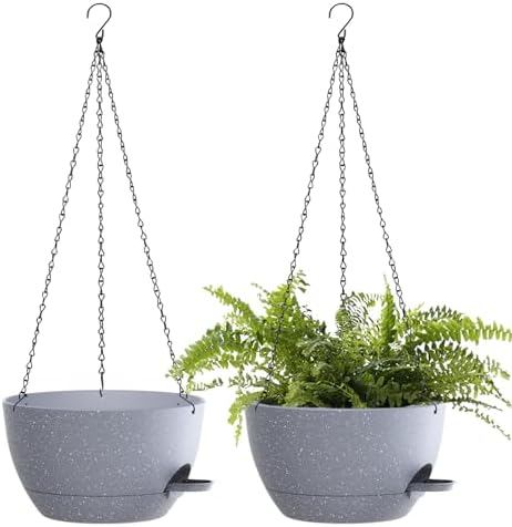 12 Inch Hanging Baskets 2 PC with Chains, Self-Watering Hanging Planters for Indoor Outdoor Plants, Plastic Hanging Flower Pots,Speckled Grey by SQKH