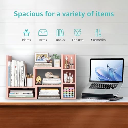 NUTIKAS Desk Shelves Desktop Organizer Shlef - Pink Office Organization for Top of Desk Organizers and Accessories Corner Bookshelf Table Top Shelving Small Hutch Decorations for Office - Image 5