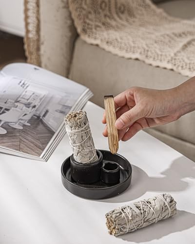 Ceramic Palo Santo and Sage Holder, Incense Holder for Palo Santo Sticks, Sage Burner Dish Stand with Ash Catcher, Modern Minimalist (Black) - Image 3