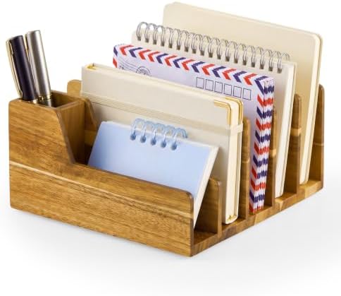 Novabright Acacia Wood Mail Organizer with Pen Holder, 6 Slot Desk File Organizer, Wooden Letter Sorter for Desk, Compact Desktop Document Holder for Home Office Storage Back to School by Unknown