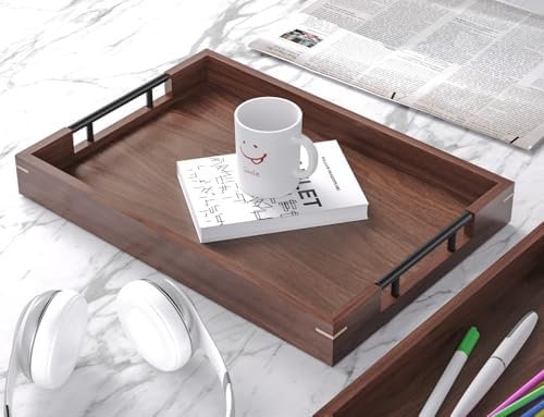 Fibogollo Set of 2 Walnut Wood Serving Trays with Metal Handles - Image 4