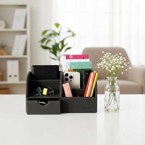 UnionBasic Desk Organizer - Multifunctional Leather Desktop Pen Holder Storage Box - Business Card/Pen/Pencil/Mobile Phone/Stationery Holder, Taiga Dark Gray - Image 5