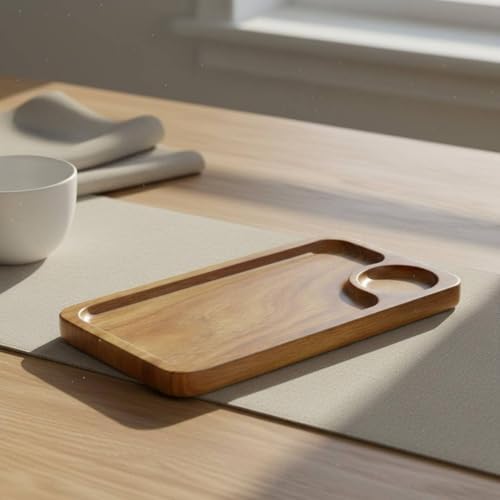 Generic Acacia Wood Serving Tray Hand Polished Japanese Appetizer Plate Multipurpose Serving Tray Platter with Beverage Holder Holder for Home, Cafe, Restaurant, Large Rectangular, Double Compartment - Image 6