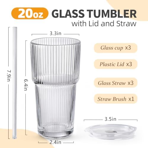 3 Pack Ribbed Glass Tumbler with Straw and Lid: Leak Proof Glass Cups with Lids and Straws - Coffee Bar Accessories - To Go Iced Coffee Cups with Lids - Tumbler Leak Proof Iced Coffee Cups with Lids - Image 2