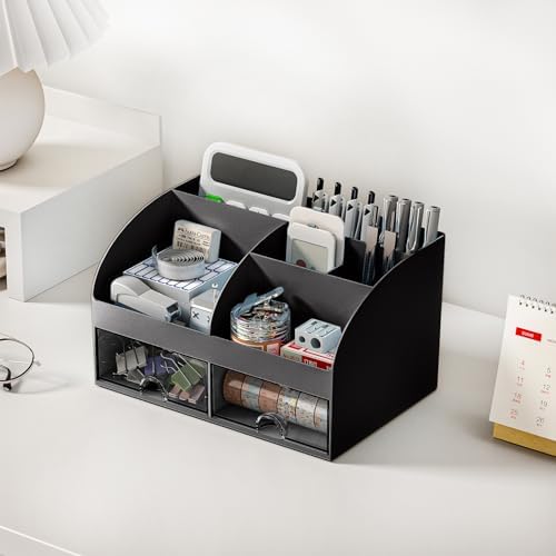 COMFYROOM Desk Organizer with 6 Compartments and 2 Drawers, Plastic Makeup Organizer, Pen Holder for Desktop Storage, Desk Organization for School, Home, Office Supplies Black-2Pack - Image 4