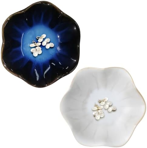 2Pcs Jewelry Dish - Kiln-Changed Ceramic Lotus Leaf Shape Ring Dish, Small Trinket Trays for Jewelry, Rings, Keys, Decorative Dish for Home, Perfect Gifts for Mom, Friends, Sisters, White & Deep Blue by Unknown