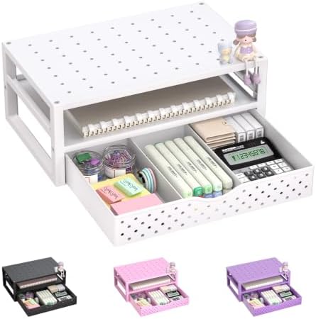 WALI Desk Organizer with Drawer，Computer Monitor Stand with Storage, Desk Organizers and Accessories for Computer, Printer, Laptop Riser for Home Office Supplies, (PTT005-W), 1 Pack, White by WALI