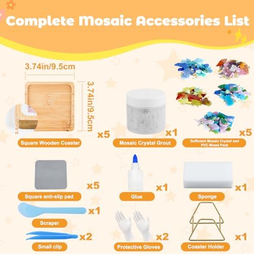 Karidge 5 Sets DIY Mosaic Kit, Mosaic Tiles for Crafts, Mixed Color Stained Glass with Wooden Coaster for Adults Women, Complete Mosaic Coaster Kit for Handmade Holiday Home Decoration Gifts - Image 6
