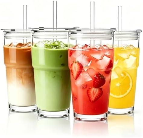 Glass Cups with Lids and Straws, 20oz Glass Tumbler for Iced Coffee, Clear Drinking Glass with Reusable Glass Straw, Leak-Resistant Lid, Fit for Cup Holder, Dishwasher Safe (clear-4pack) by MINGHYZYA